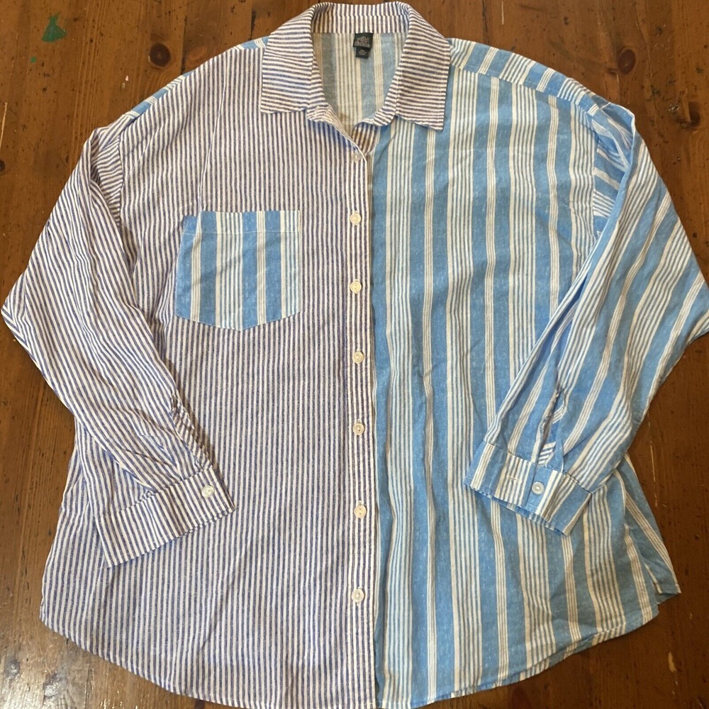 Wild Fable Beach Vibes Nautical Preppy Striped Long Sleeve Shirt Mens XXL Blue